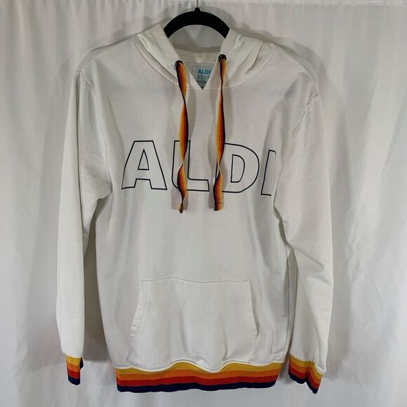New ALDI Hoodie Women's Small Beige Rainbow Drawstring Pockets Pullover - Picture 1 of 9